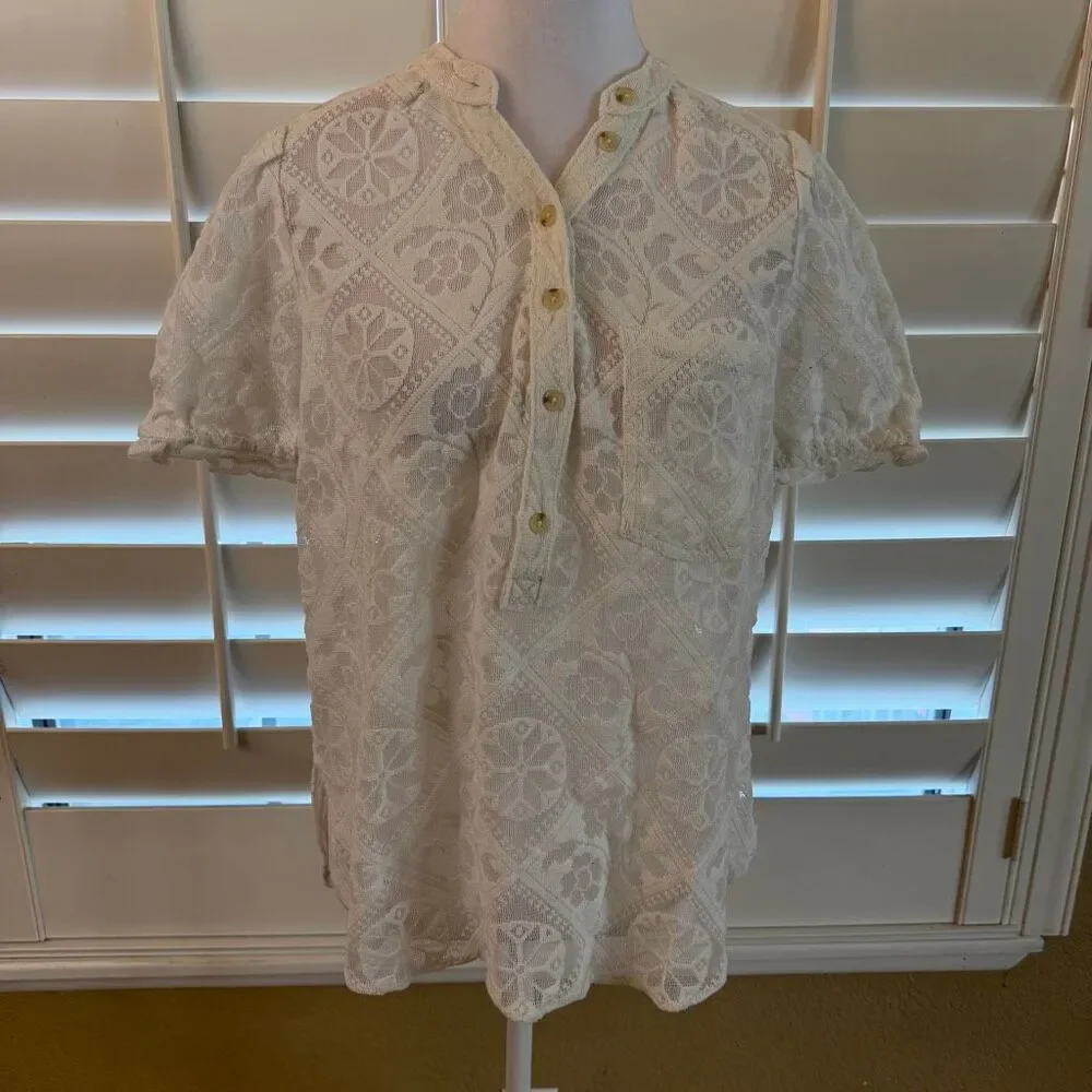 Anthropologie Pilcro The Aly Puff Sleeve Blouse In White Lace Size Small Coastal